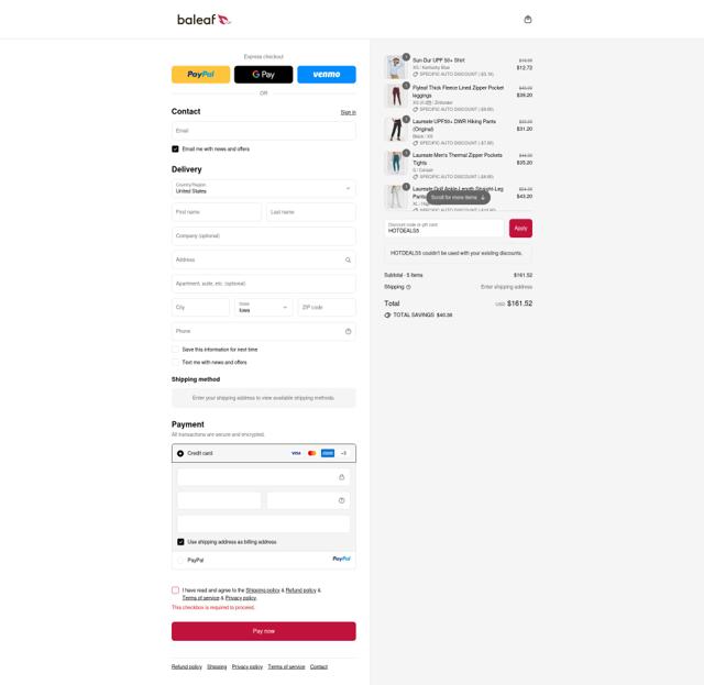 Baleaf Sports checkout page showing Baleaf Sports coupon code box | Screenshot taken by SimplyCodes community member on Sep 14, 2025