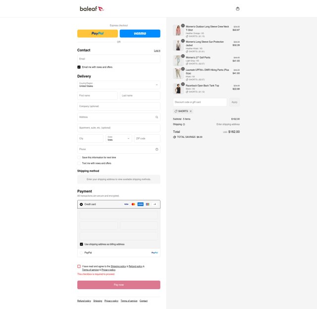 Baleaf Sports checkout page showing Baleaf Sports coupon code box | Screenshot taken by SimplyCodes community member on Aug 29, 2025