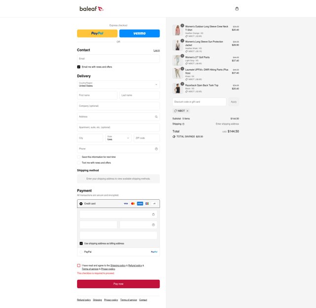 Baleaf Sports checkout page showing Baleaf Sports coupon code box | Screenshot taken by SimplyCodes community member on Aug 29, 2025