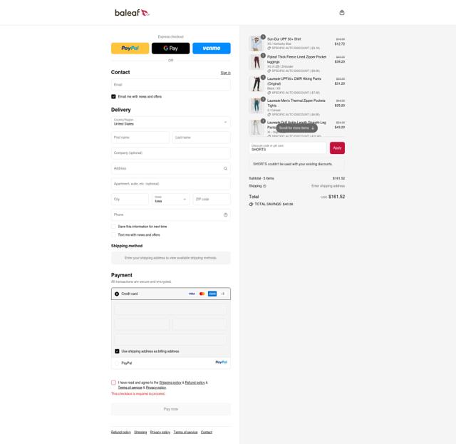Baleaf Sports checkout page showing Baleaf Sports coupon code box | Screenshot taken by SimplyCodes community member on Sep 14, 2025