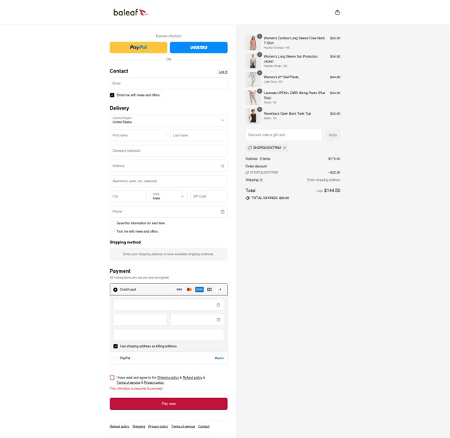 Baleaf Sports checkout page showing Baleaf Sports coupon code box | Screenshot taken by SimplyCodes community member on Aug 29, 2025