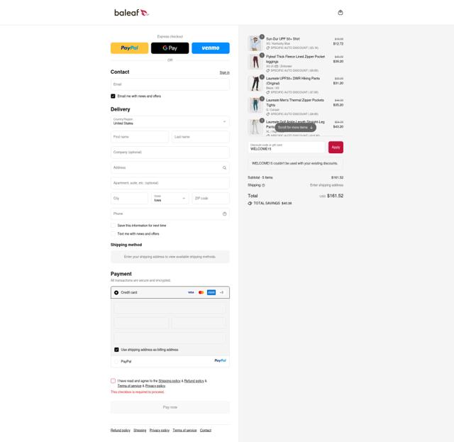 Baleaf Sports checkout page showing Baleaf Sports coupon code box | Screenshot taken by SimplyCodes community member on Sep 14, 2025