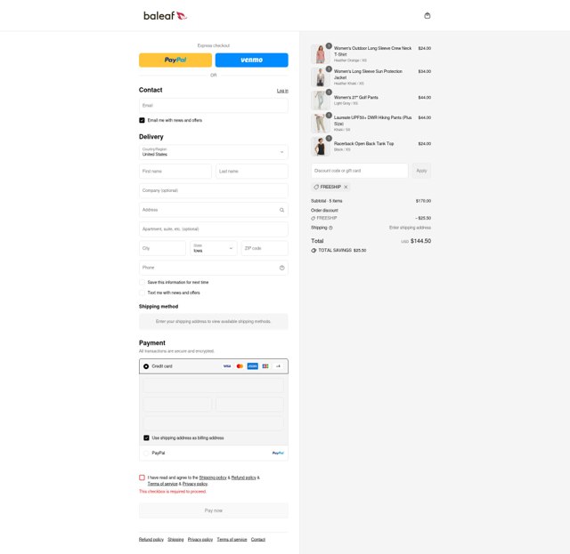 Baleaf Sports checkout page showing Baleaf Sports coupon code box | Screenshot taken by SimplyCodes community member on Aug 29, 2025