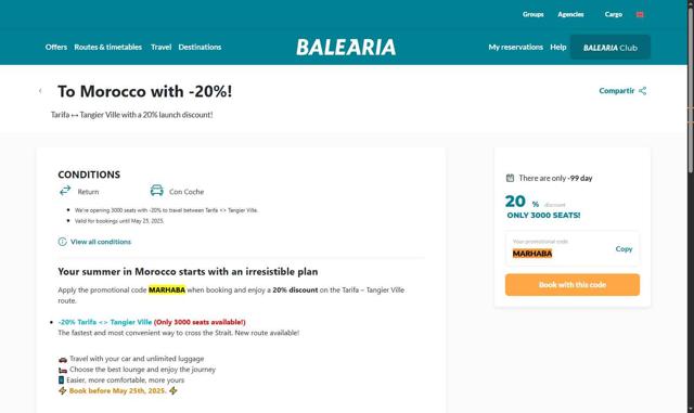 Balearia checkout page showing Balearia promo code box | Screenshot taken by SimplyCodes community member on Sep 2, 2025