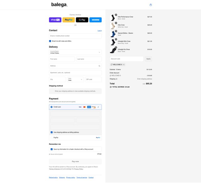 Balega checkout page showing Balega promo code box | Screenshot taken by SimplyCodes community member on Aug 16, 2025