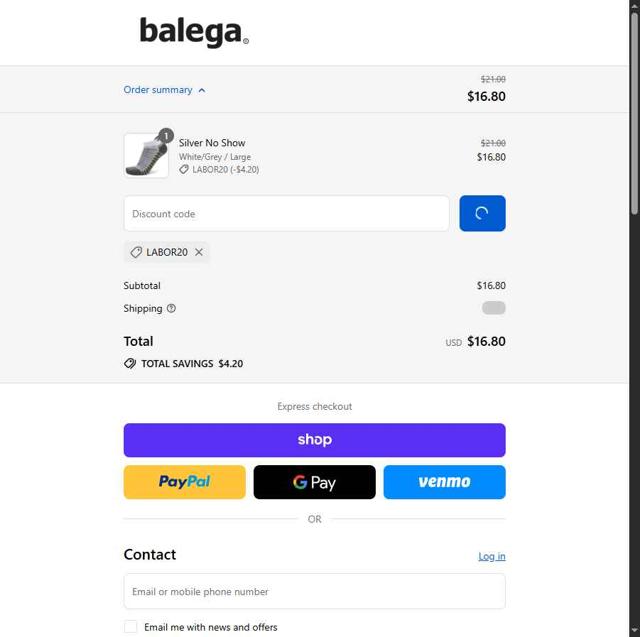 Balega checkout page showing Balega promo code box | Screenshot taken by SimplyCodes community member on Aug 29, 2025
