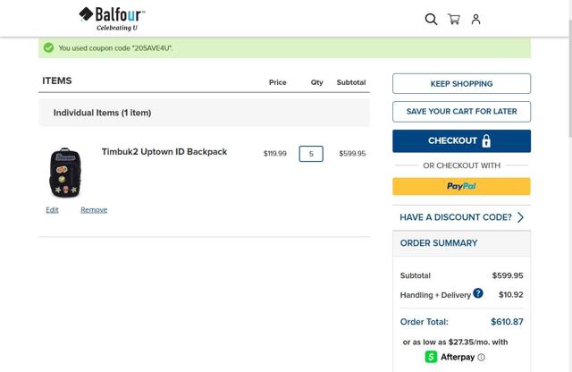 Balfour checkout page showing Balfour discount code box | Screenshot taken by SimplyCodes community member on Aug 4, 2025