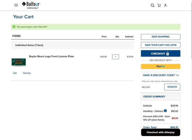 Balfour checkout page showing Balfour discount code box | Screenshot taken by SimplyCodes community member on Aug 26, 2025