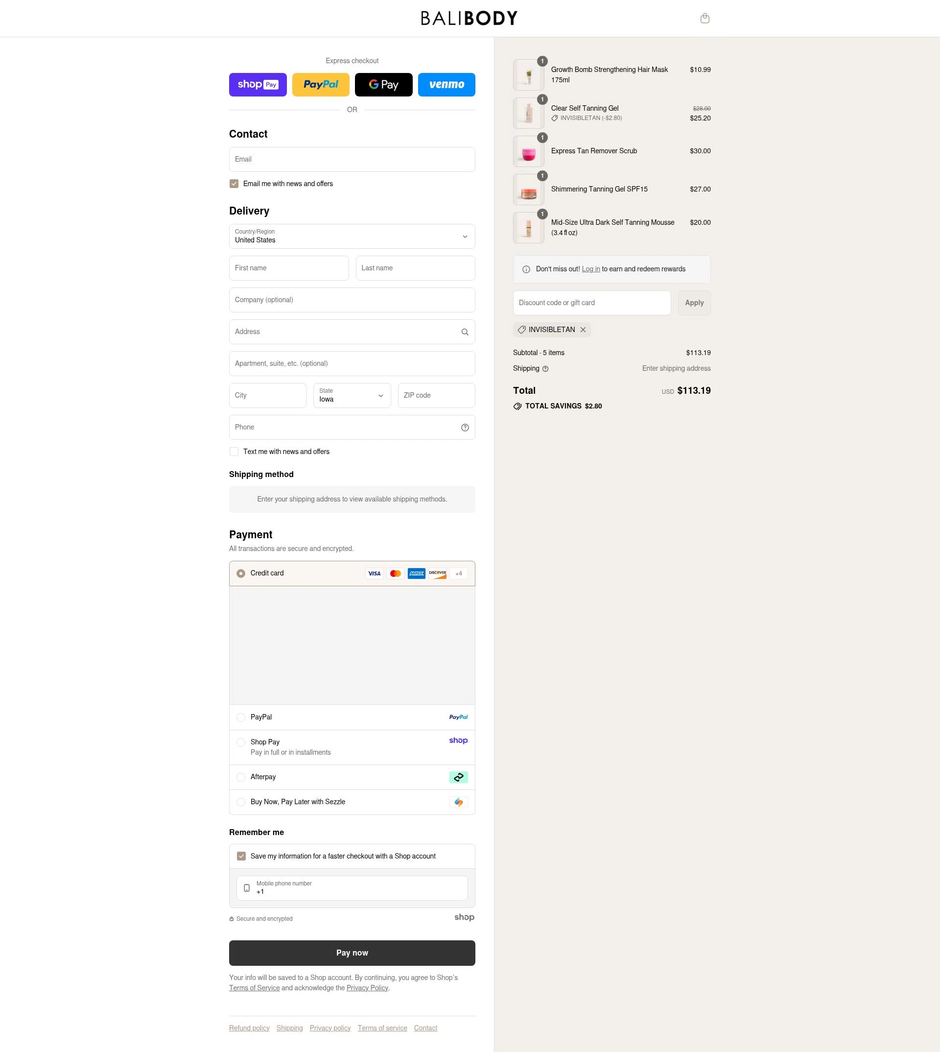 Bali Body US checkout page showing Bali Body US coupon code box | Screenshot taken by SimplyCodes community member on Aug 21, 2025