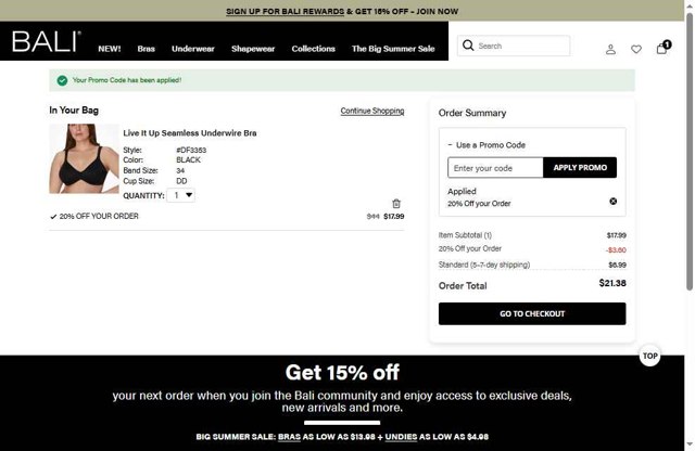 BALI Bras checkout page showing BALI Bras promo code box | Screenshot taken by SimplyCodes community member on Jul 3, 2025