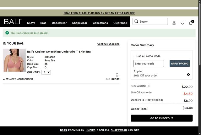 BALI Bras checkout page showing BALI Bras promo code box | Screenshot taken by SimplyCodes community member on May 9, 2025