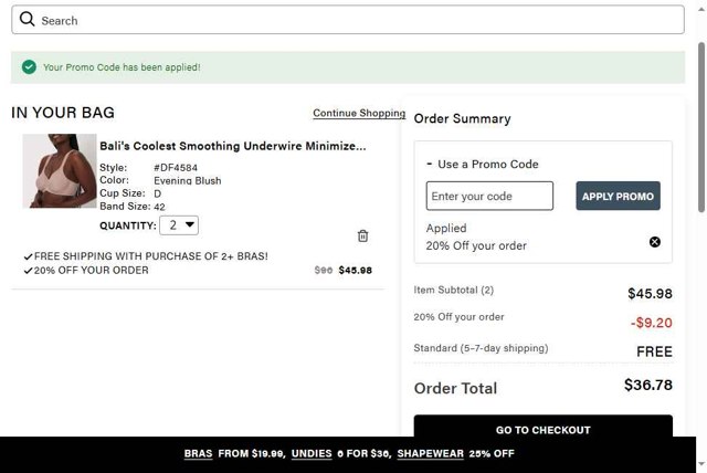 BALI Bras checkout page showing BALI Bras promo code box | Screenshot taken by SimplyCodes community member on May 9, 2025