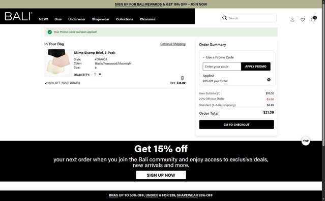 BALI Bras checkout page showing BALI Bras promo code box | Screenshot taken by SimplyCodes community member on Aug 28, 2025
