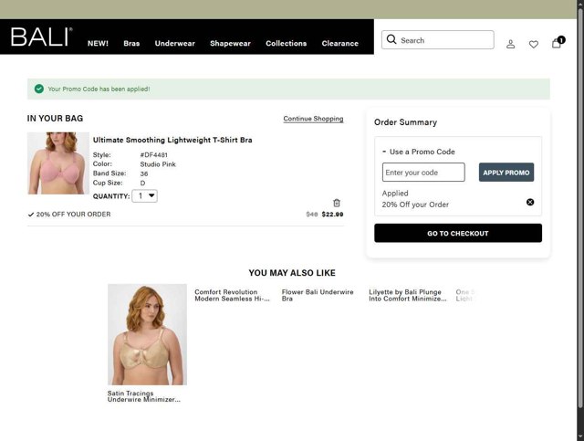BALI Bras checkout page showing BALI Bras promo code box | Screenshot taken by SimplyCodes community member on May 12, 2025