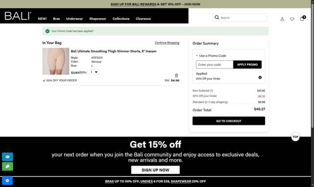 BALI Bras checkout page showing BALI Bras promo code box | Screenshot taken by SimplyCodes community member on Sep 8, 2025
