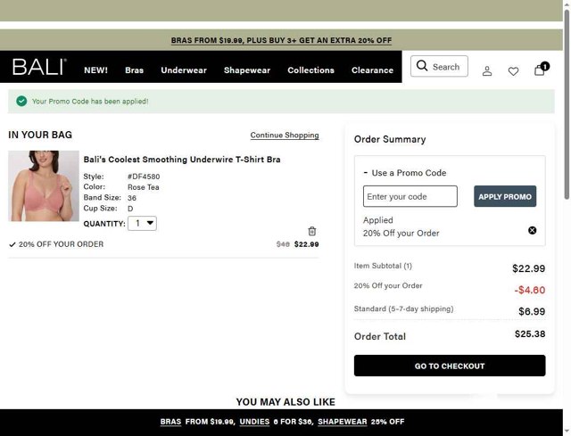 BALI Bras checkout page showing BALI Bras promo code box | Screenshot taken by SimplyCodes community member on May 12, 2025
