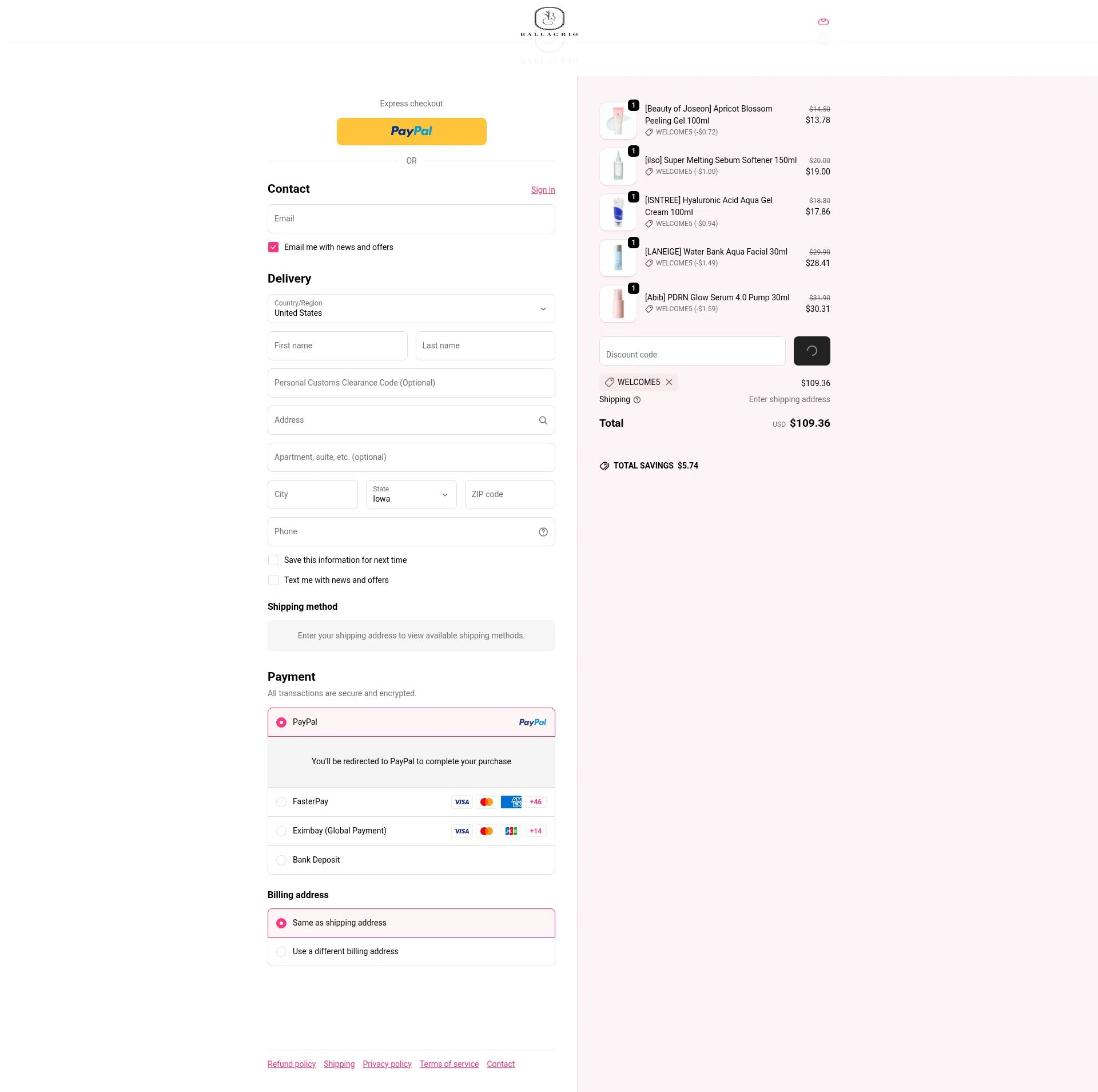 Ballagrio checkout page showing Ballagrio discount code box | Screenshot taken by SimplyCodes community member on Feb 9, 2026