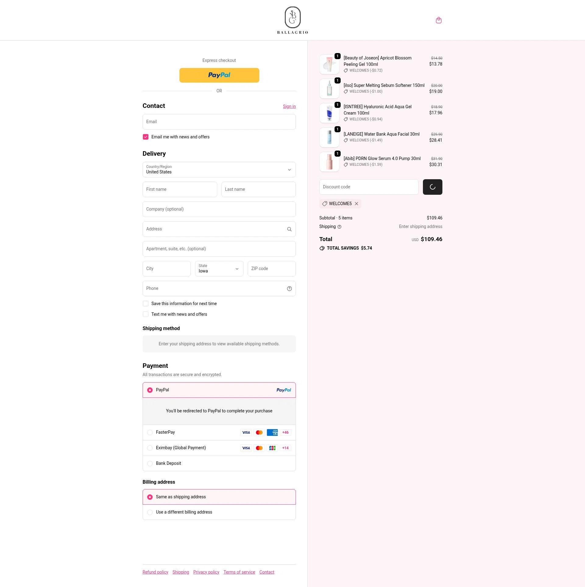 Ballagrio checkout page showing Ballagrio discount code box | Screenshot taken by SimplyCodes community member on Jan 27, 2026