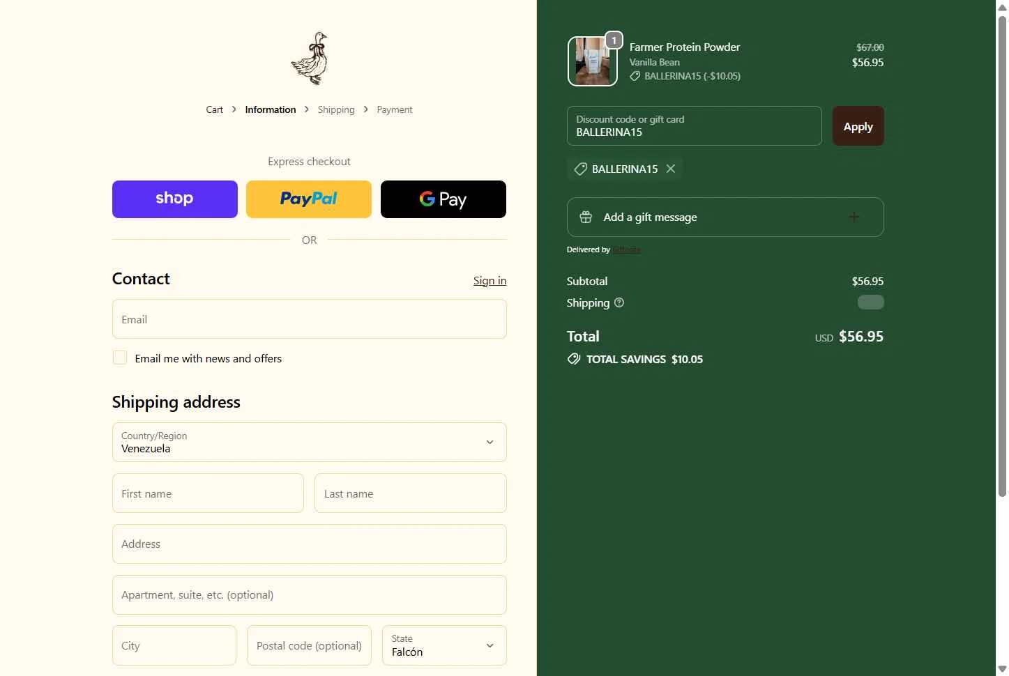 Ballerina Farm checkout page showing Ballerina Farm discount code box | Screenshot taken by SimplyCodes community member on Feb 2, 2026