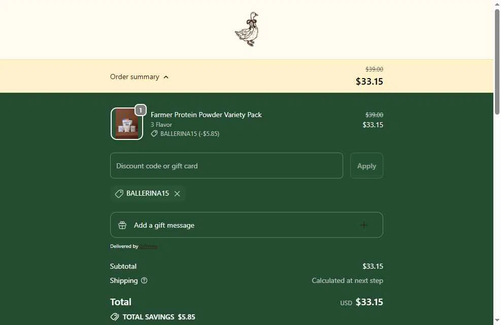 Ballerina Farm checkout page showing Ballerina Farm discount code box | Screenshot taken by SimplyCodes community member on Feb 5, 2026