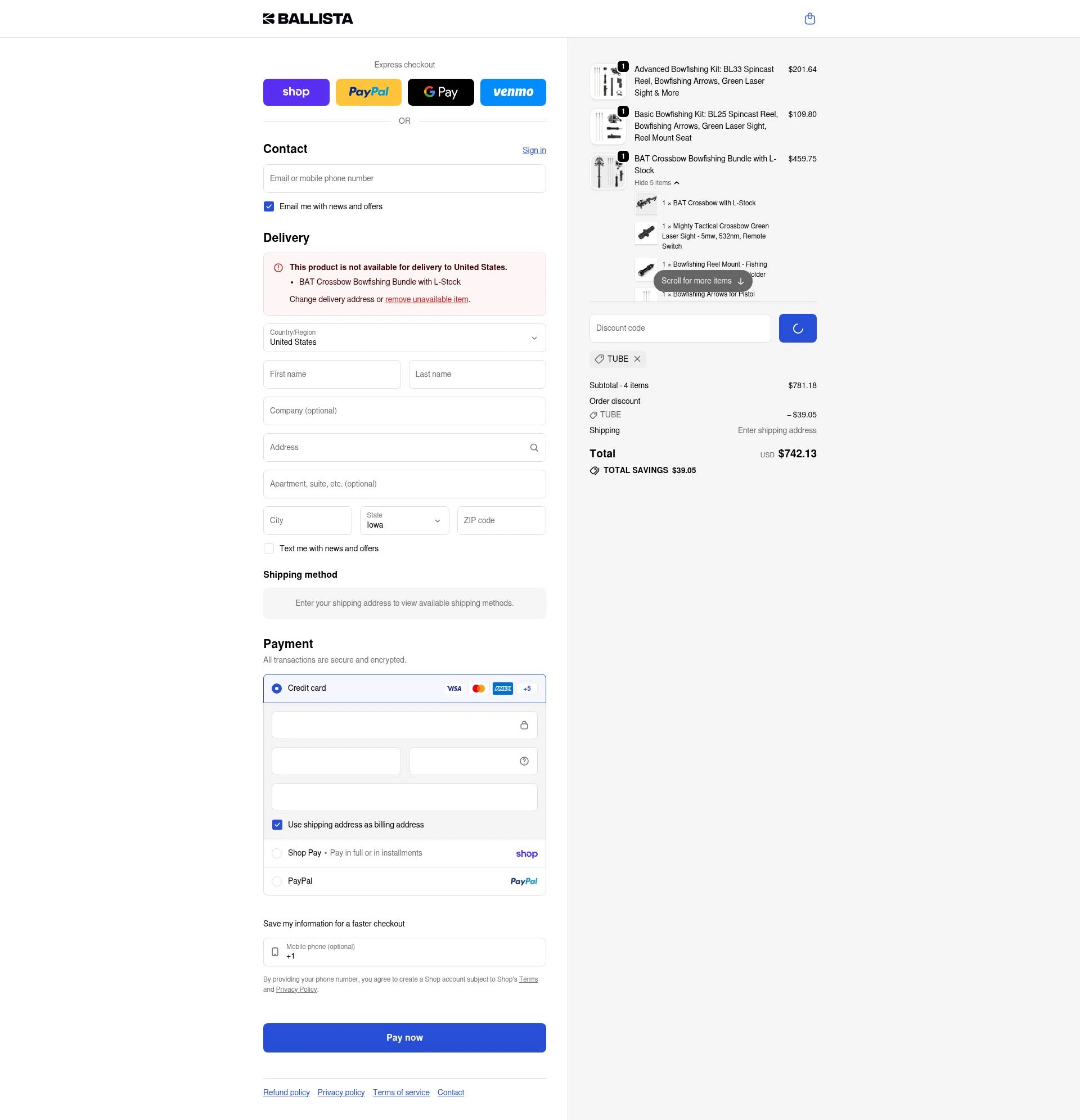 Ballista checkout page showing Ballista coupon code box | Screenshot taken by SimplyCodes community member on Feb 8, 2026