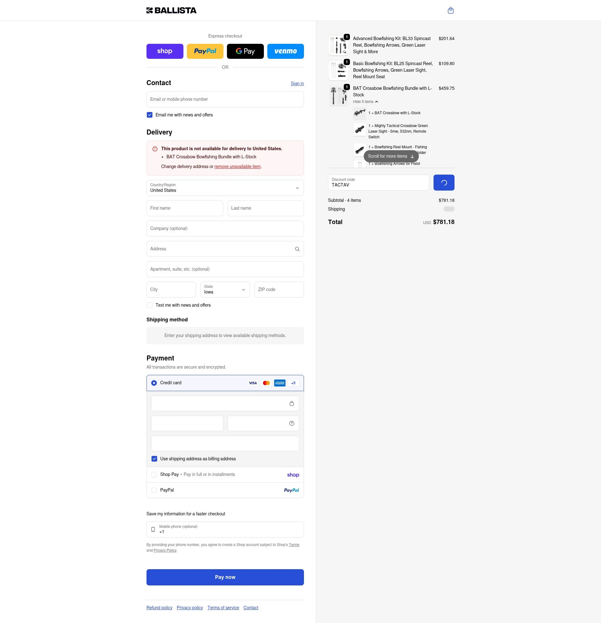 Ballista checkout page showing Ballista coupon code box | Screenshot taken by SimplyCodes community member on Feb 13, 2026