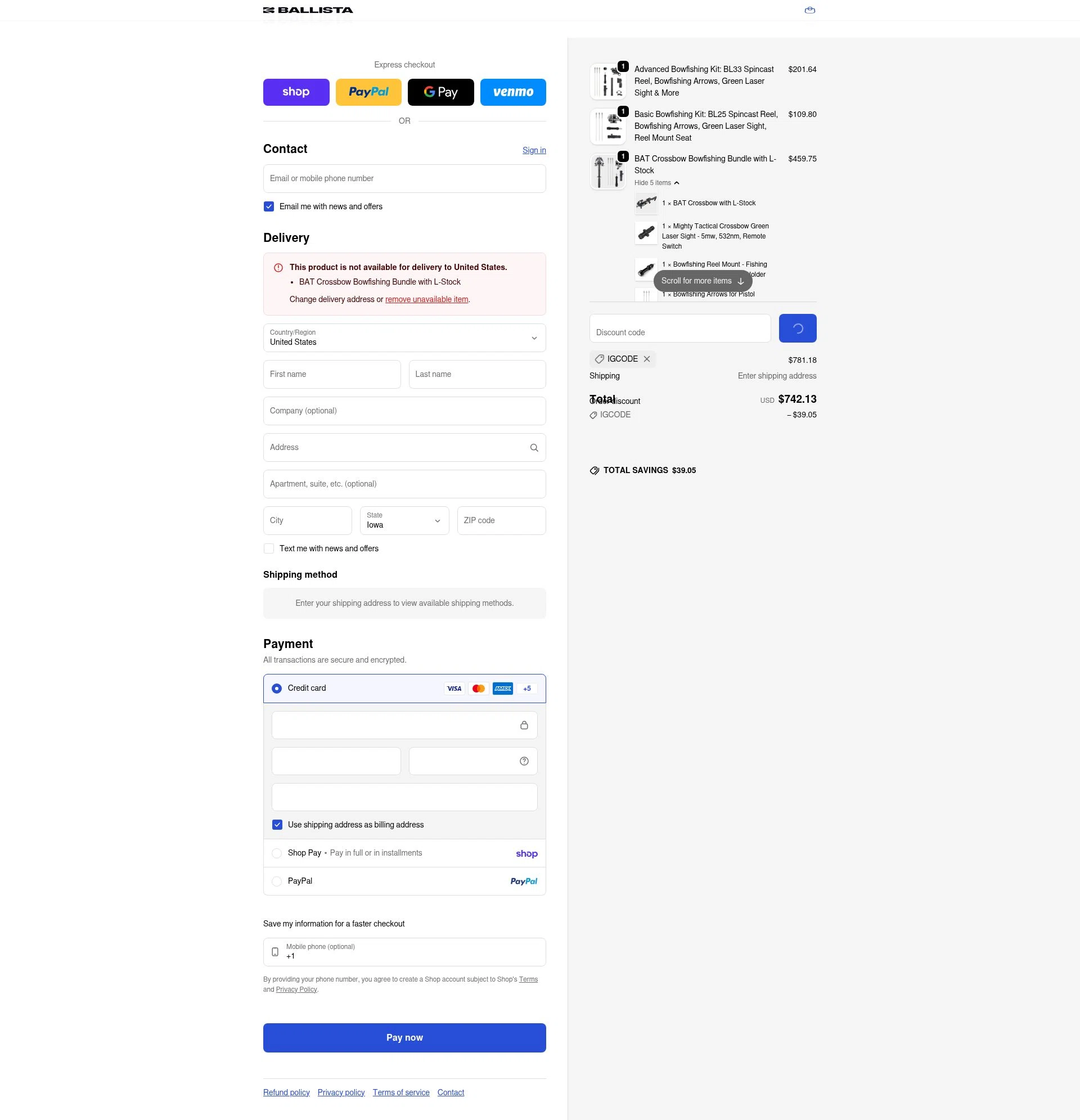 Ballista checkout page showing Ballista coupon code box | Screenshot taken by SimplyCodes community member on Feb 13, 2026