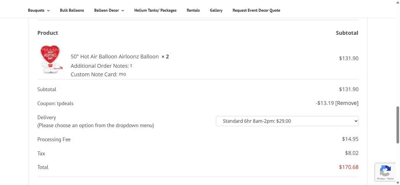 BalloonsDC promo code screenshot showing code tpdeals applied at BalloonsDC checkout page. Uploaded by SimplyCodes community member MathewsAlex on Feb 11, 2026