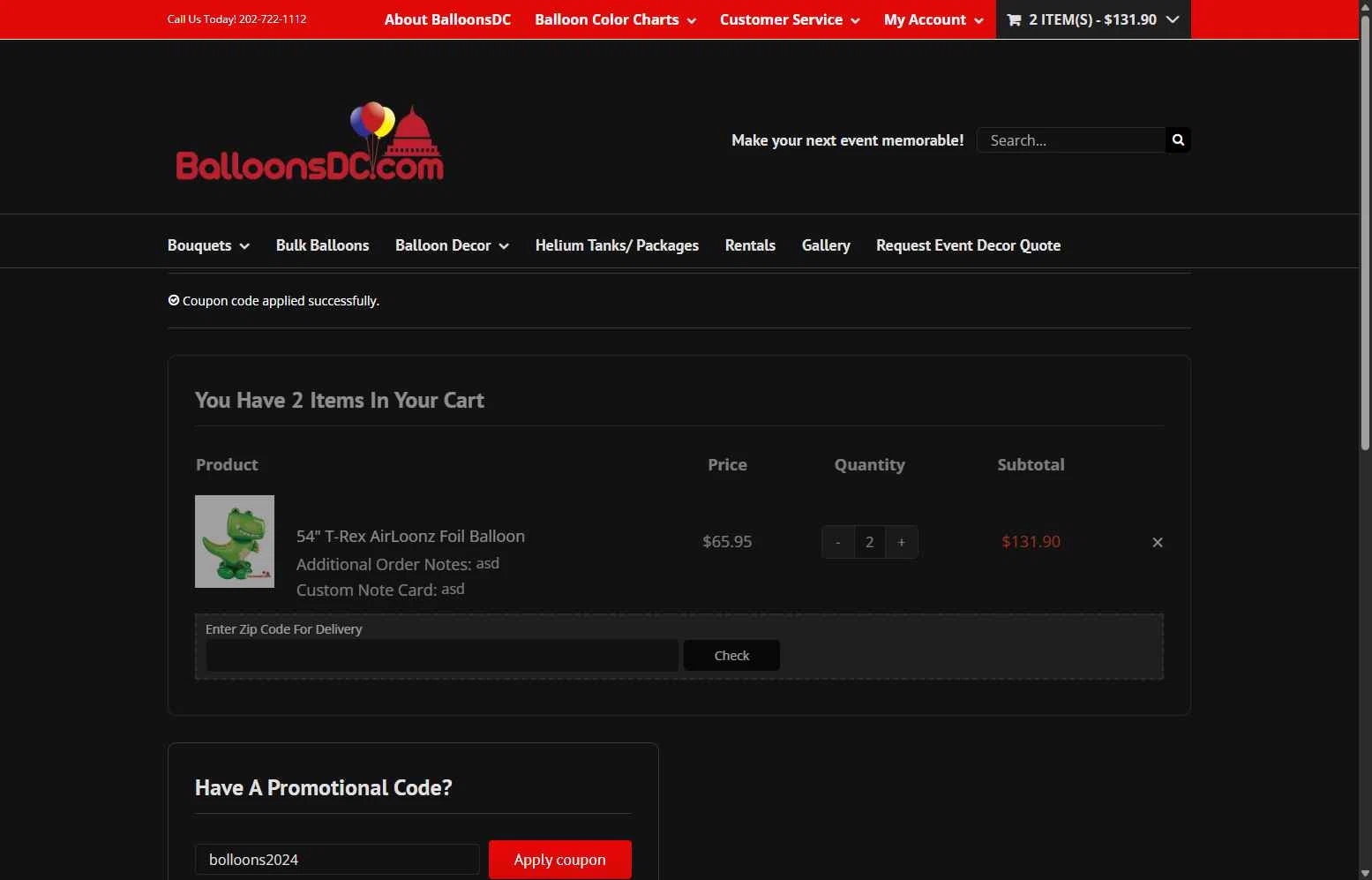 BalloonsDC checkout page showing BalloonsDC promo code box | Screenshot taken by SimplyCodes community member on Jan 31, 2026