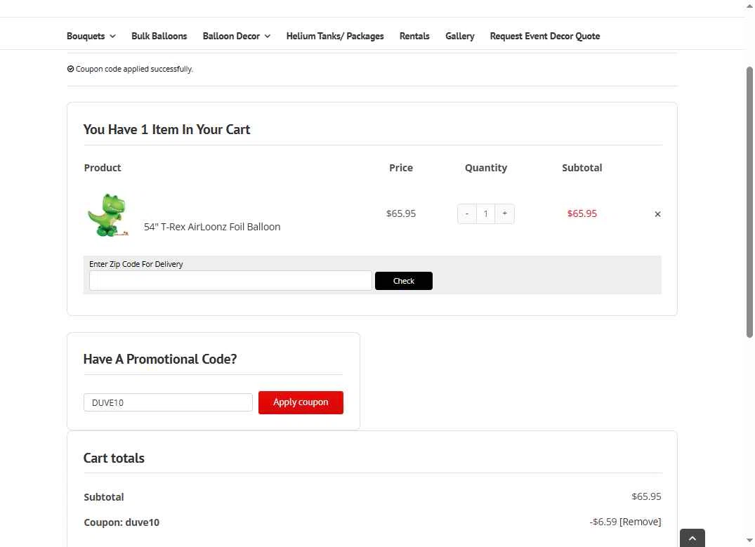BalloonsDC checkout page showing BalloonsDC promo code box | Screenshot taken by SimplyCodes community member on Feb 2, 2026