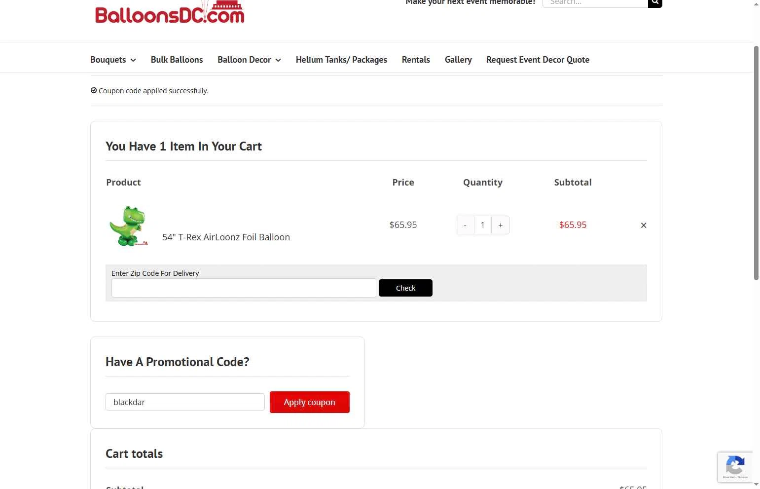 BalloonsDC checkout page showing BalloonsDC promo code box | Screenshot taken by SimplyCodes community member on Jan 27, 2026