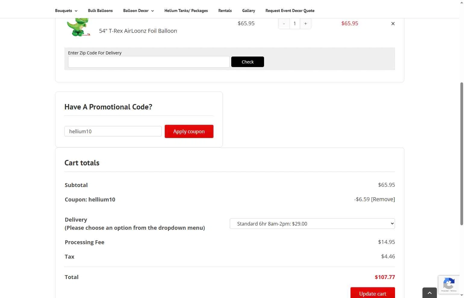 BalloonsDC checkout page showing BalloonsDC promo code box | Screenshot taken by SimplyCodes community member on Feb 4, 2026