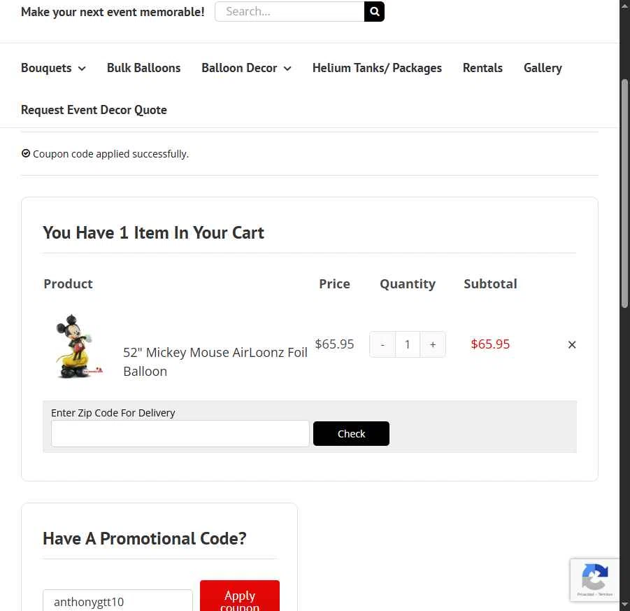 BalloonsDC checkout page showing BalloonsDC promo code box | Screenshot taken by SimplyCodes community member on Jan 30, 2026