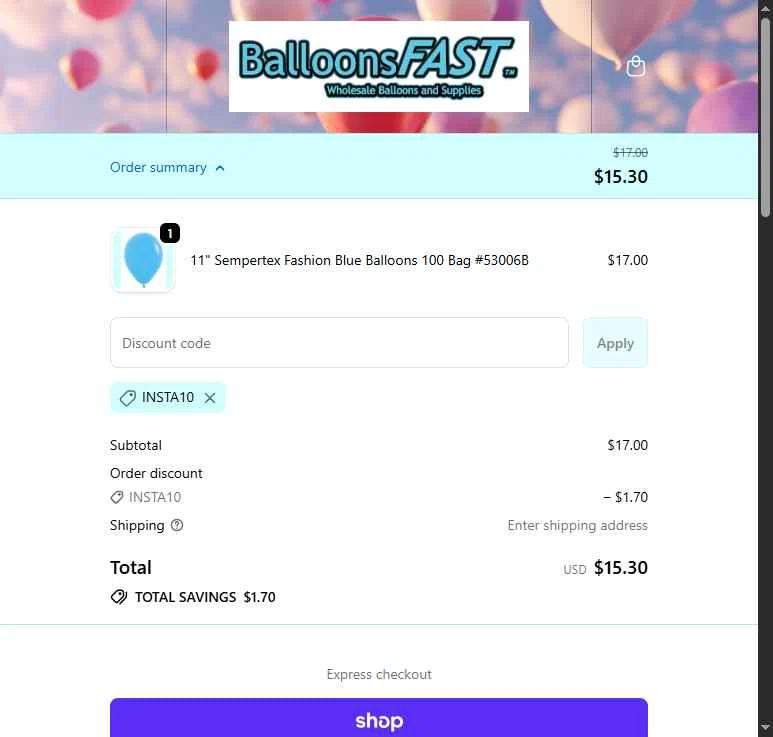 Balloons Fast checkout page showing Balloons Fast coupon code box | Screenshot taken by SimplyCodes community member on Jan 16, 2026