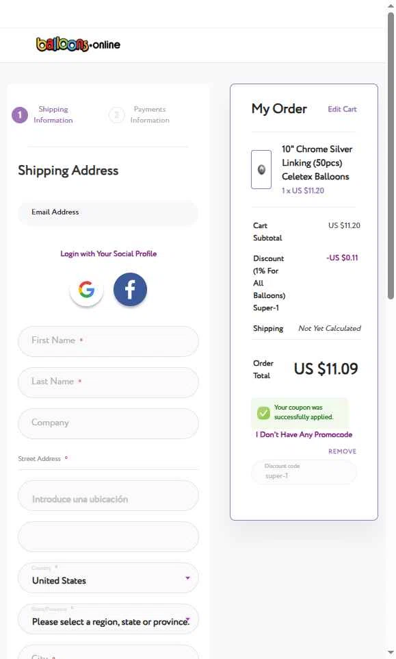 Balloons Online checkout page showing Balloons Online discount code box | Screenshot taken by SimplyCodes community member on Sep 15, 2025
