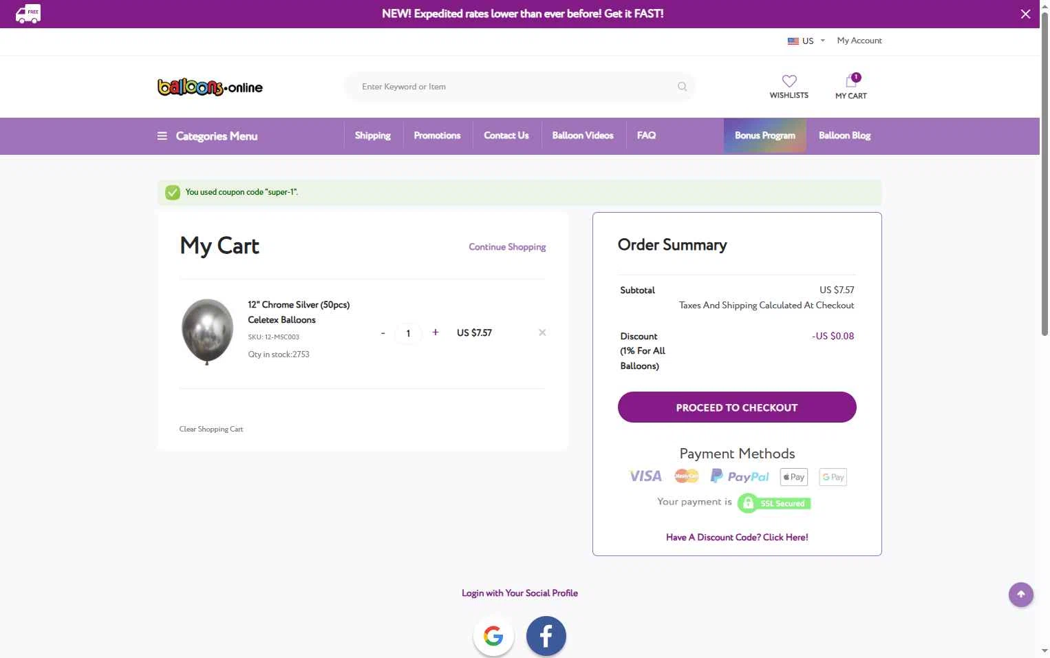 Balloons Online checkout page showing Balloons Online discount code box | Screenshot taken by SimplyCodes community member on Dec 11, 2025