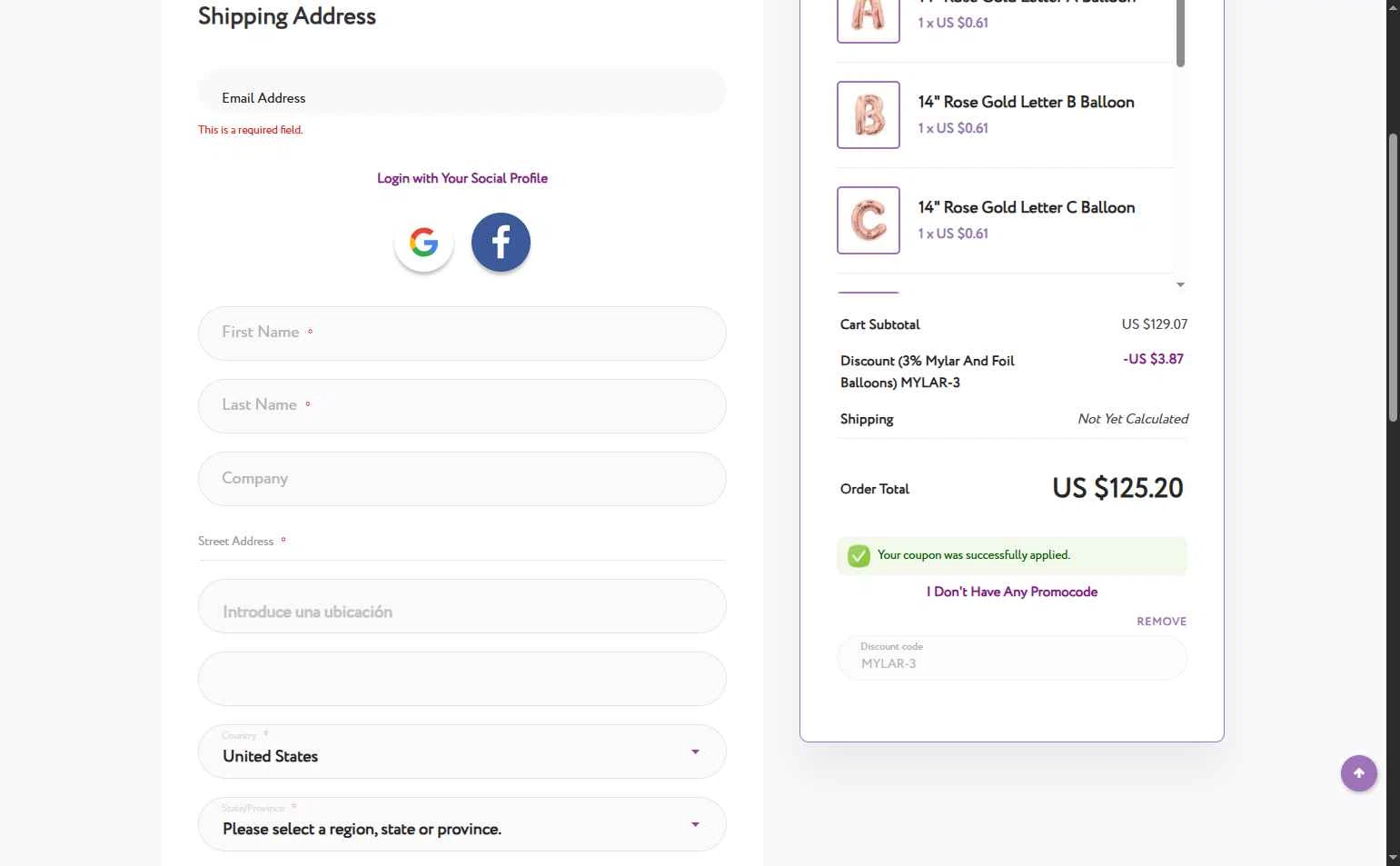 Balloons Online checkout page showing Balloons Online discount code box | Screenshot taken by SimplyCodes community member on Jul 11, 2025