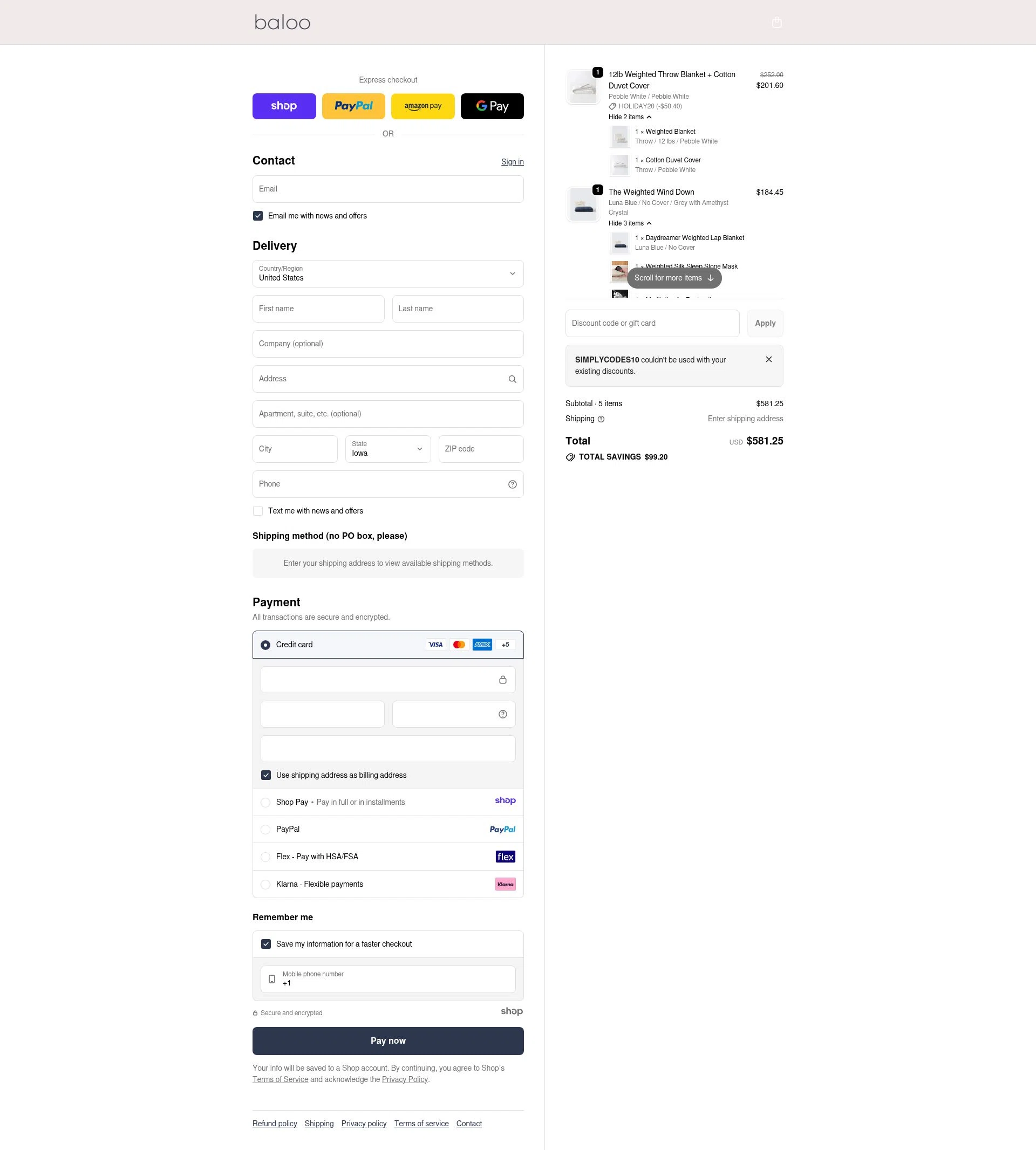 Baloo Living checkout page showing Baloo Living promo code box | Screenshot taken by SimplyCodes community member on Dec 20, 2025
