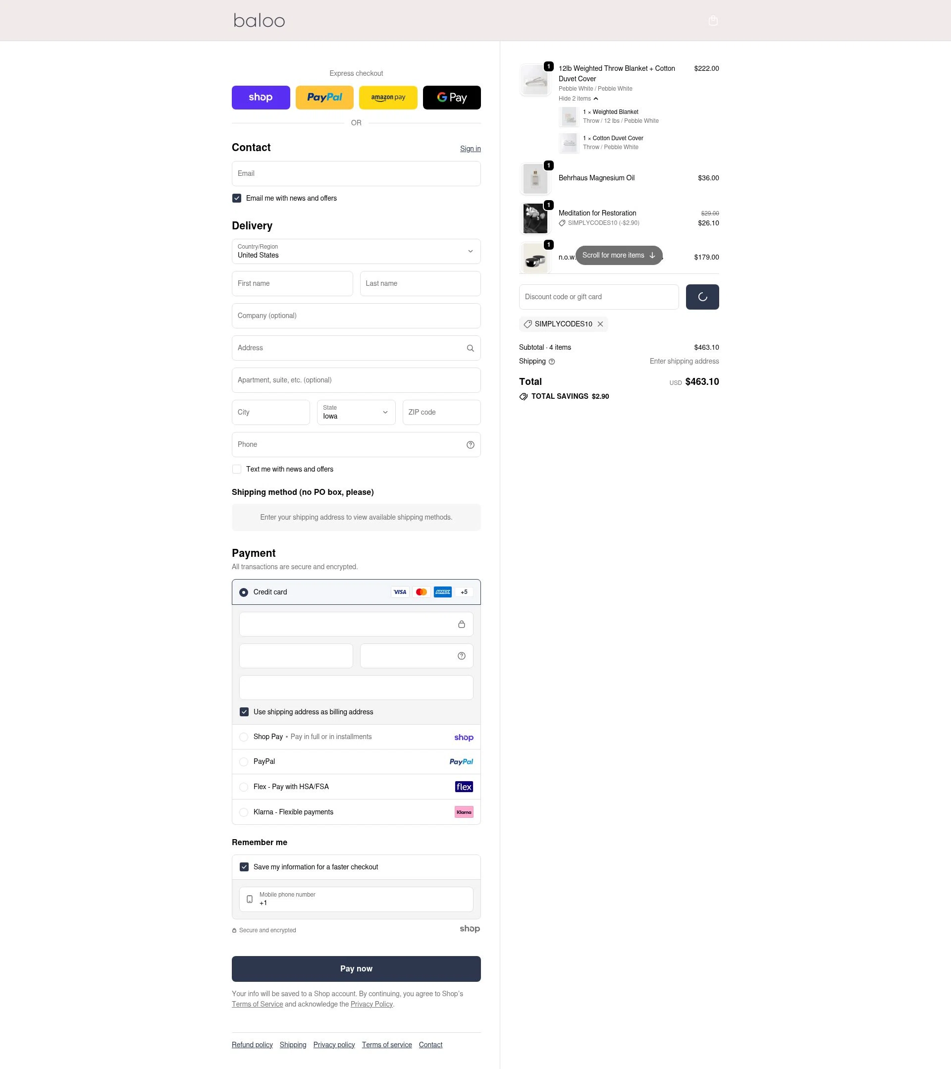 Baloo Living checkout page showing Baloo Living promo code box | Screenshot taken by SimplyCodes community member on Jan 24, 2026
