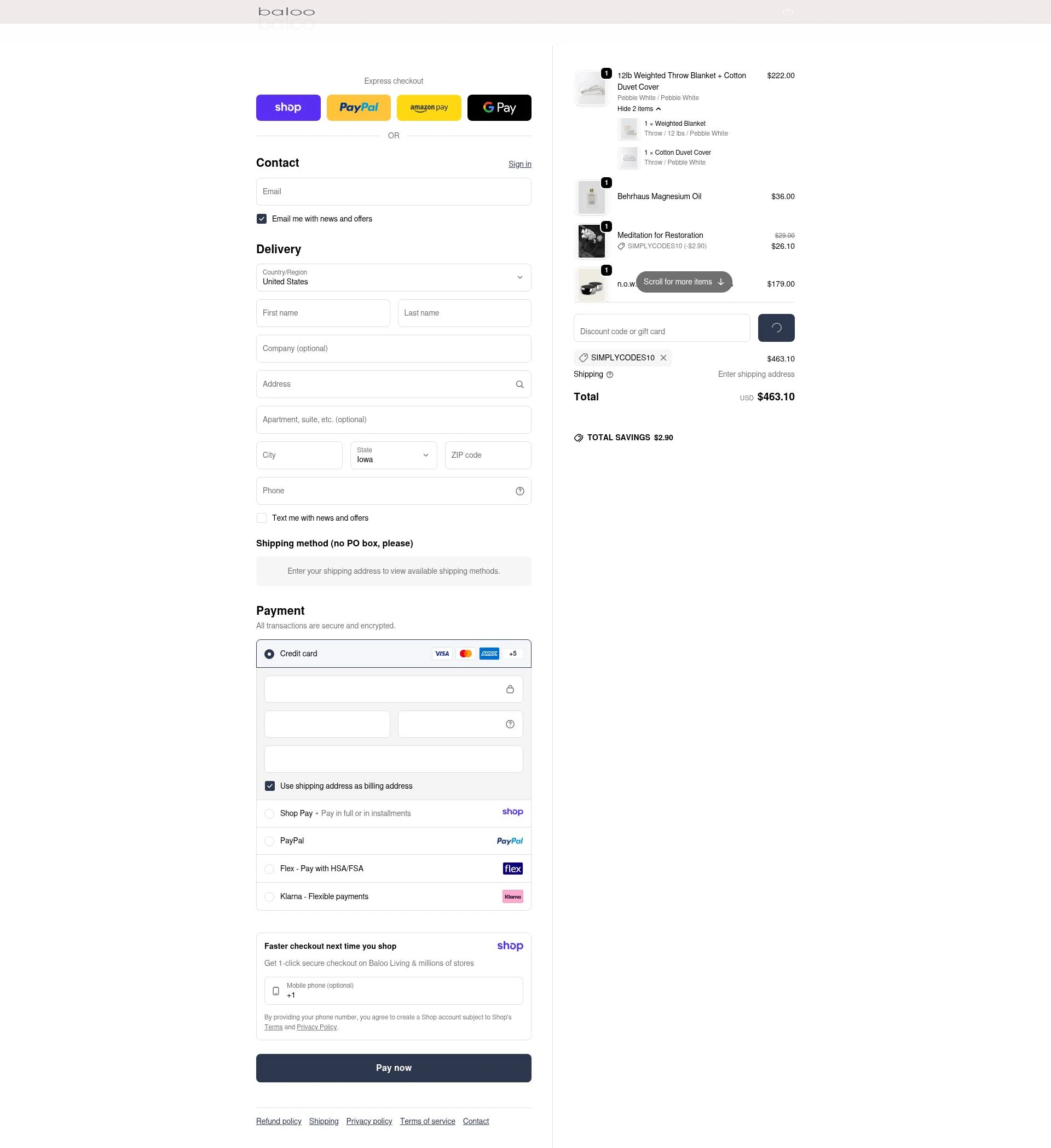 Baloo Living checkout page showing Baloo Living promo code box | Screenshot taken by SimplyCodes community member on Jan 14, 2026