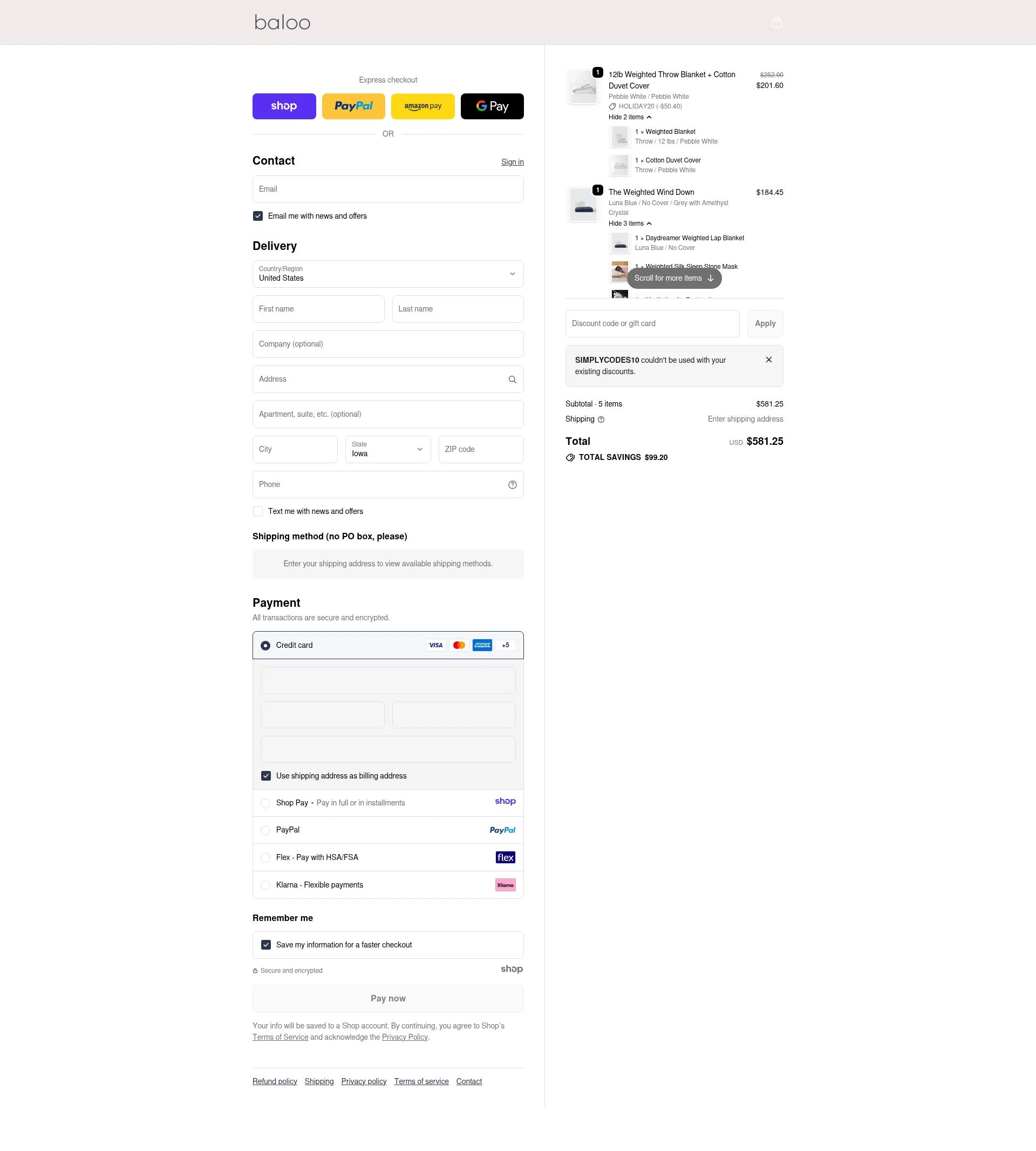 Baloo Living checkout page showing Baloo Living promo code box | Screenshot taken by SimplyCodes community member on Dec 30, 2025