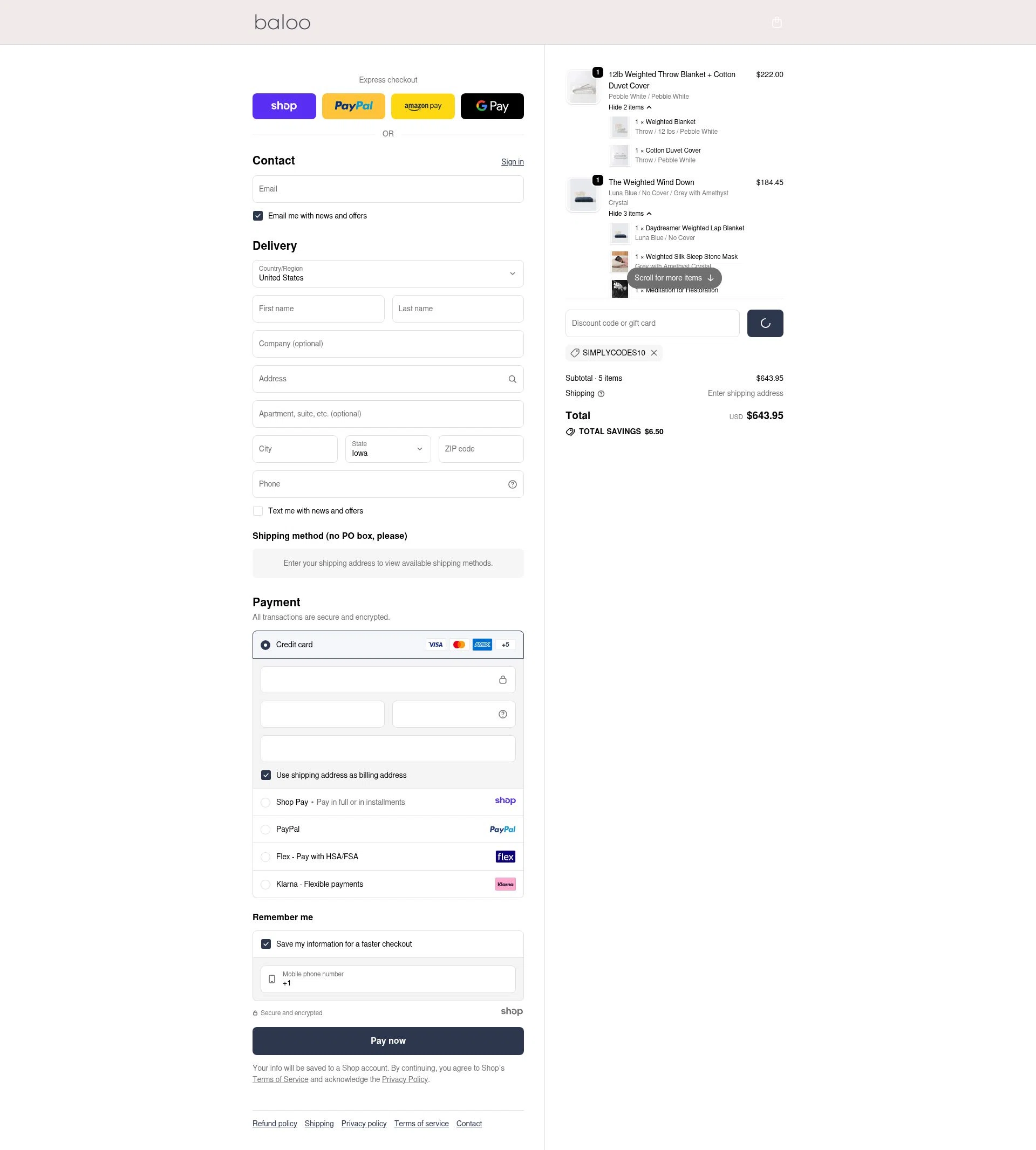 Baloo Living checkout page showing Baloo Living promo code box | Screenshot taken by SimplyCodes community member on Jan 4, 2026