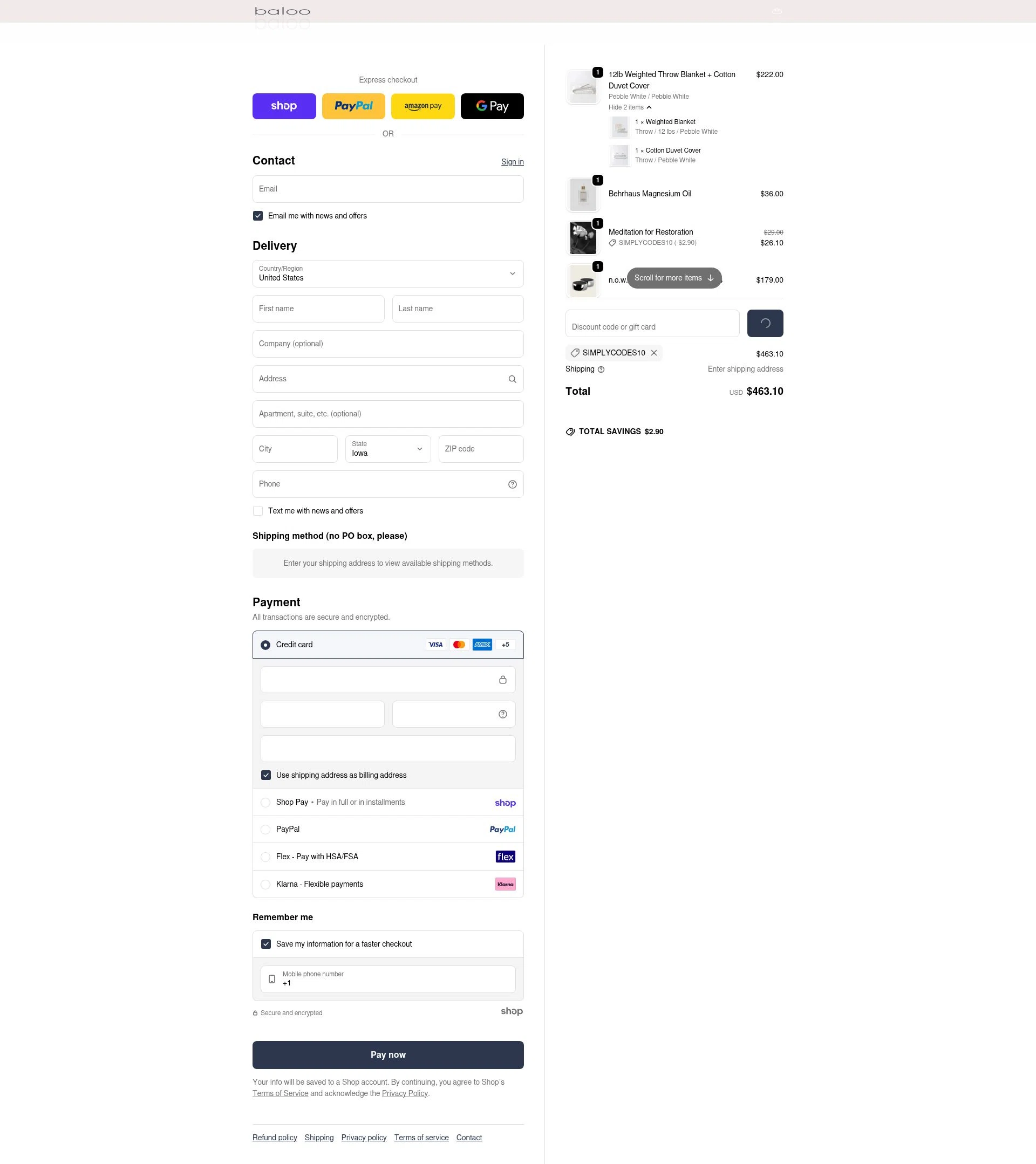 Baloo Living checkout page showing Baloo Living promo code box | Screenshot taken by SimplyCodes community member on Jan 29, 2026