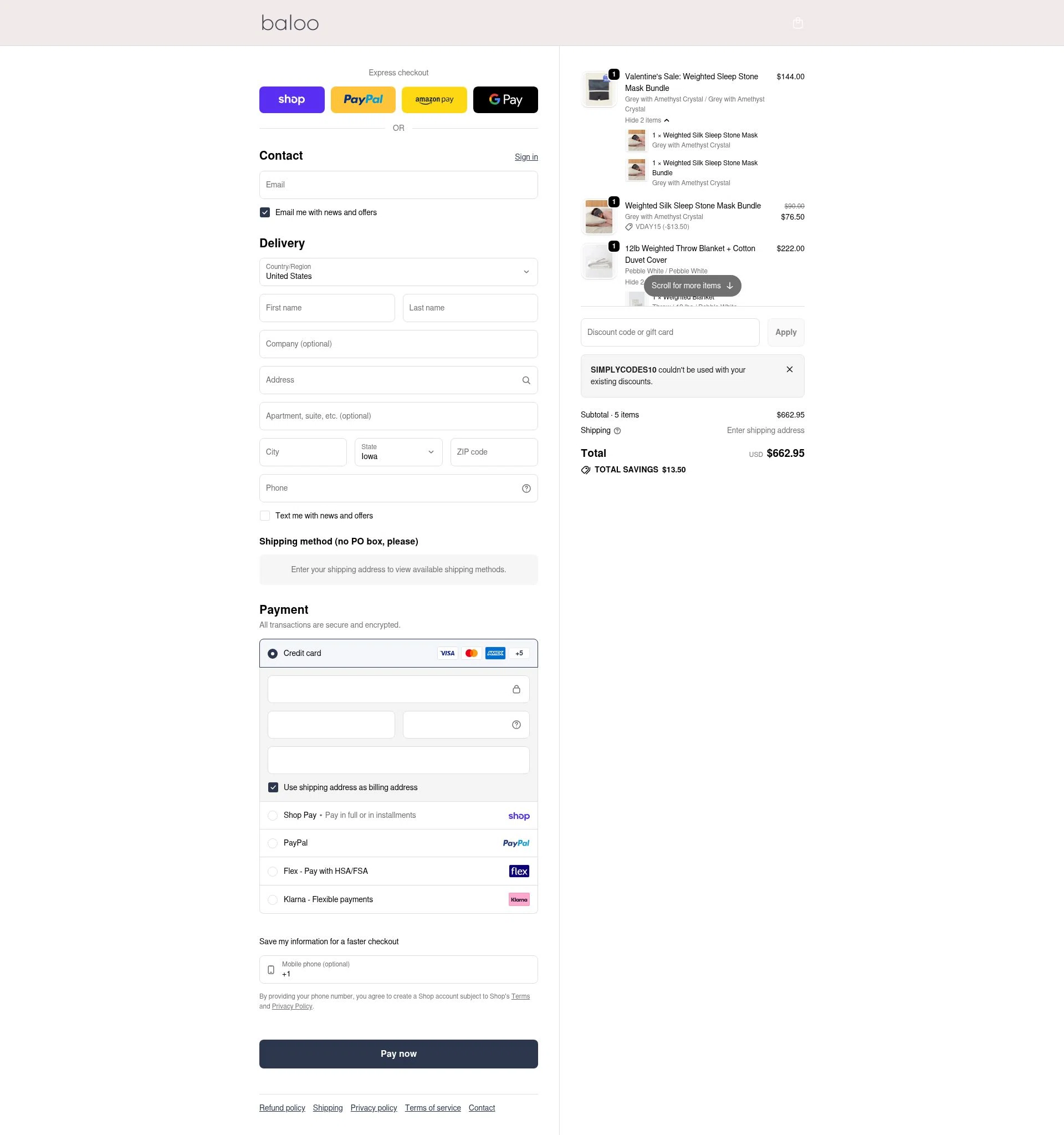 Baloo Living checkout page showing Baloo Living promo code box | Screenshot taken by SimplyCodes community member on Feb 6, 2026