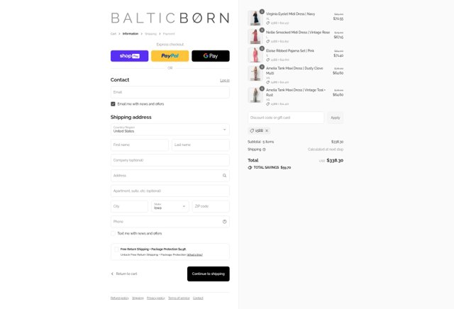 Baltic Born checkout page showing Baltic Born discount code box | Screenshot taken by SimplyCodes community member on Aug 22, 2025
