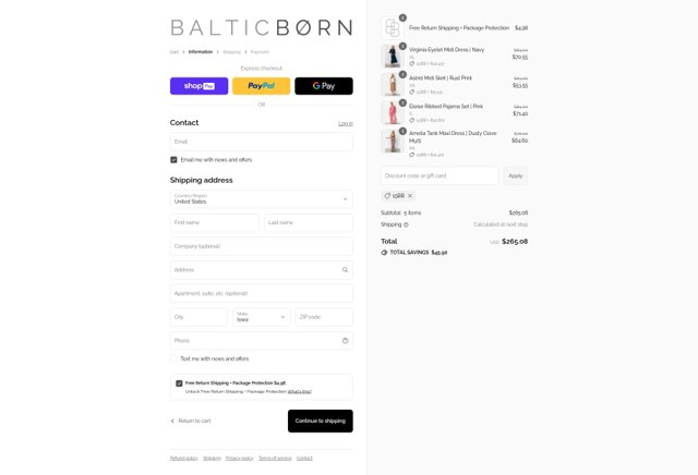 Baltic Born checkout page showing Baltic Born discount code box | Screenshot taken by SimplyCodes community member on Aug 27, 2025
