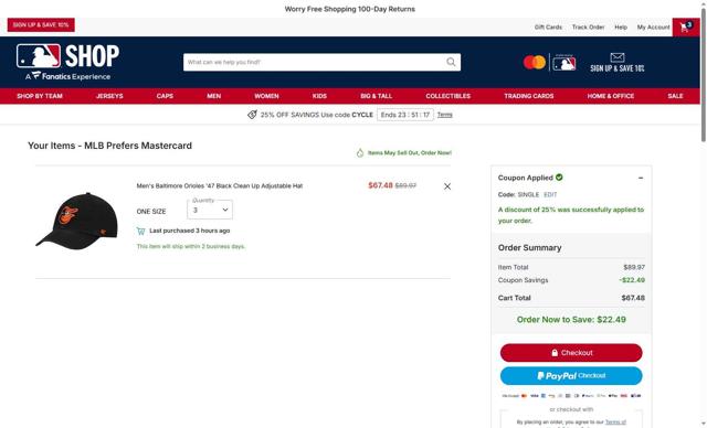 Baltimore Orioles checkout page showing Baltimore Orioles promo code box | Screenshot taken by SimplyCodes community member on Sep 10, 2025