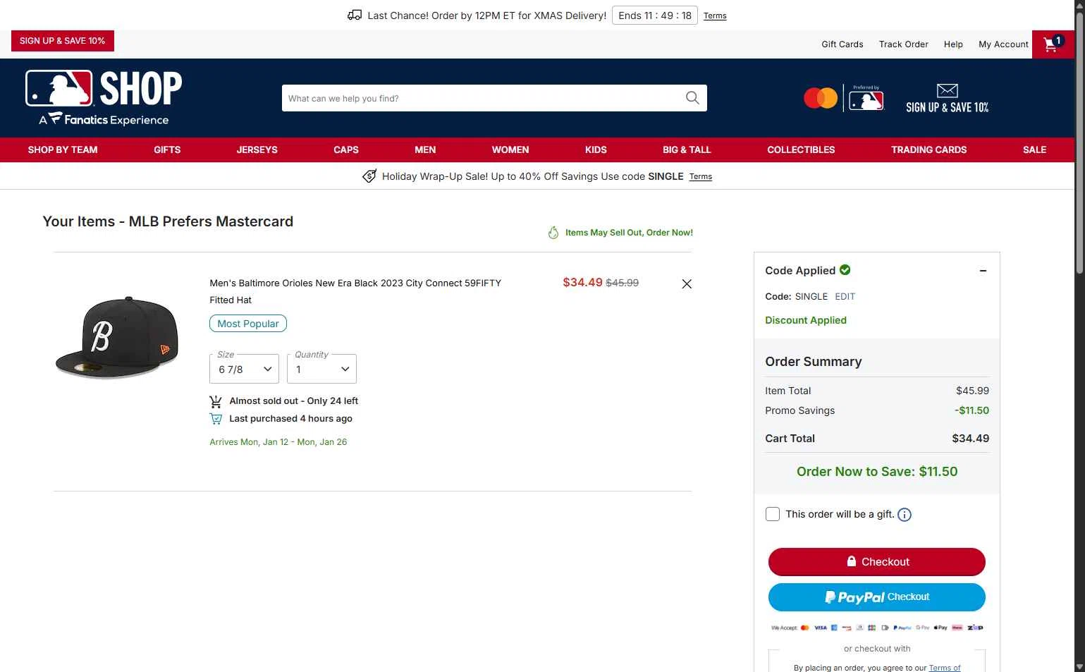 Baltimore Orioles checkout page showing Baltimore Orioles promo code box | Screenshot taken by SimplyCodes community member on Dec 22, 2025