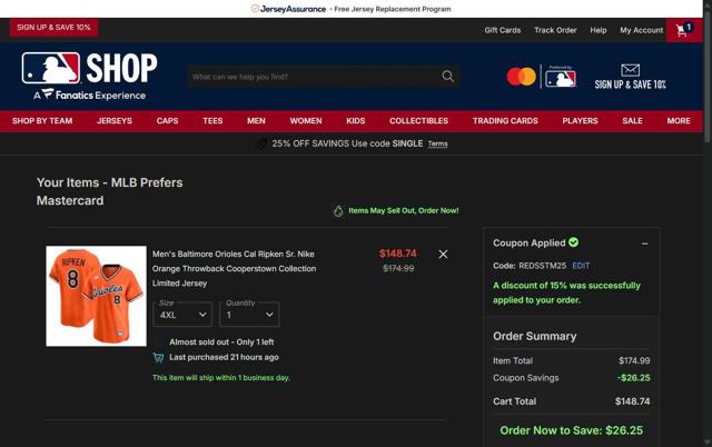 Baltimore Orioles checkout page showing Baltimore Orioles promo code box | Screenshot taken by SimplyCodes community member on Oct 5, 2025