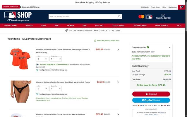Baltimore Orioles checkout page showing Baltimore Orioles promo code box | Screenshot taken by SimplyCodes community member on Sep 10, 2025